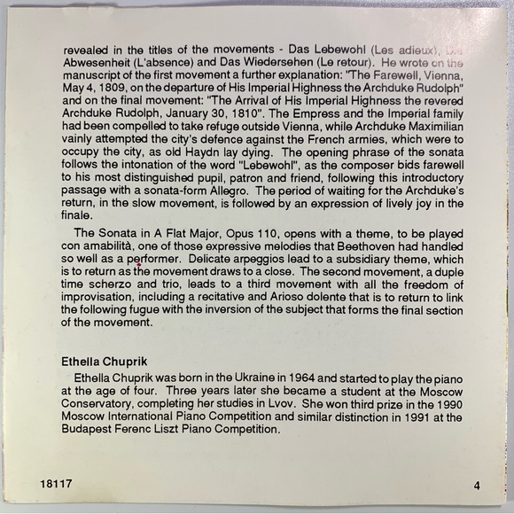 🦋 Beethoven Piano Sonatas Tempest 17 26 & 31 Classical CD Ethella Chuprik Piano - Picture 3 of 4